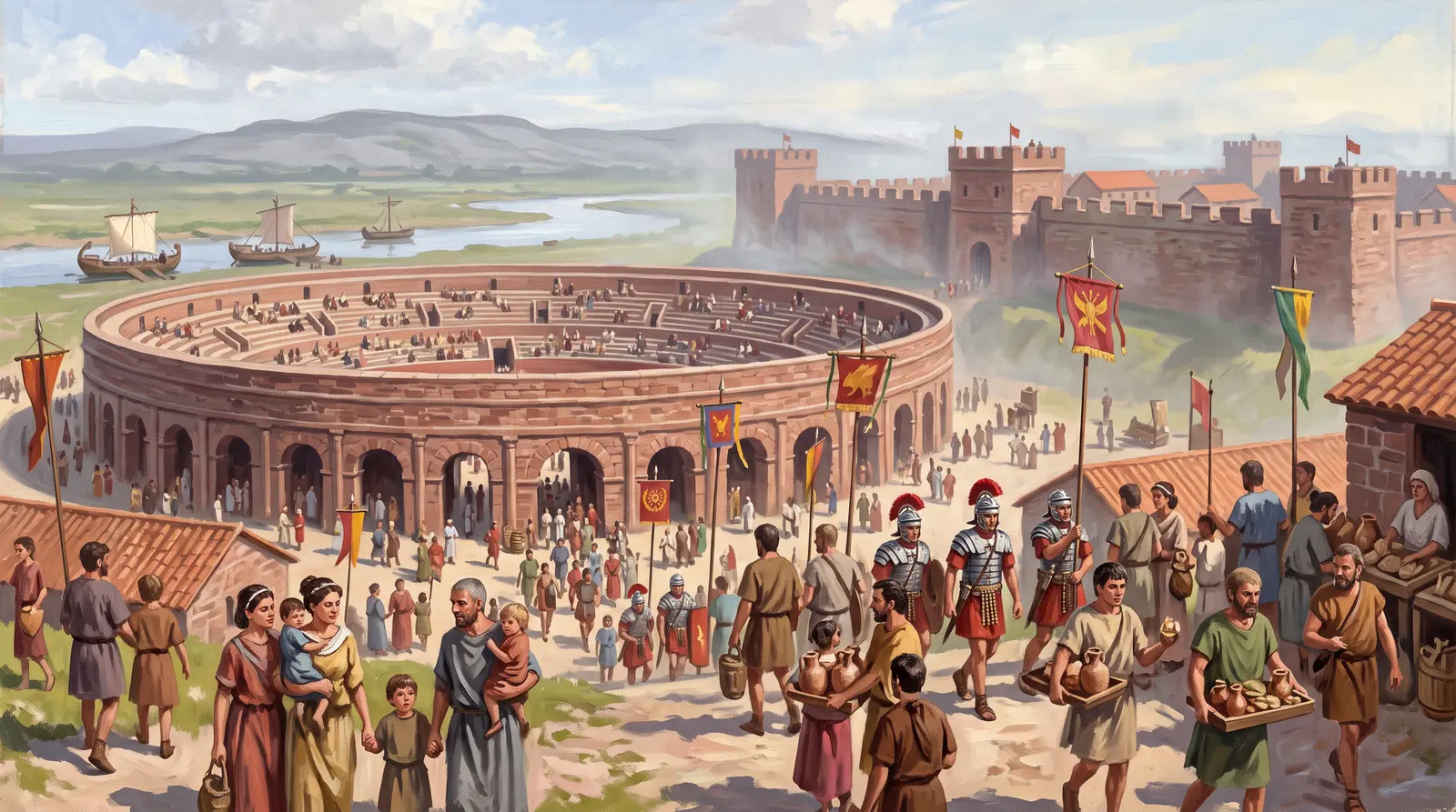 Painted reconstruction of a festival day at the Roman amphitheatre, crowds and banners at its gates.