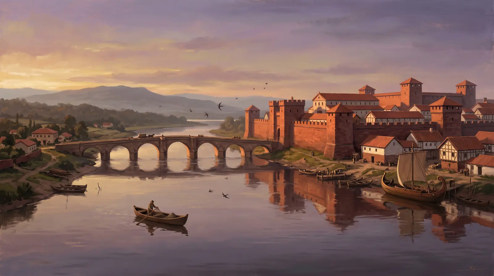 Painted reconstruction of the River Dee at sunset below the Roman fortress.