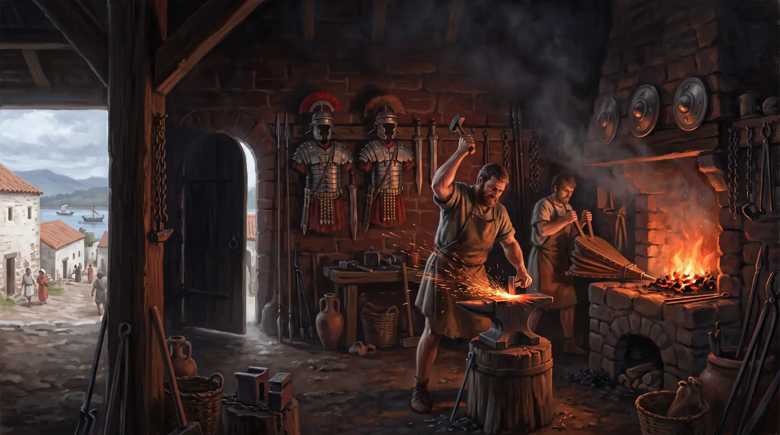Painted reconstruction of a smith at work in the fortress workshop, sparks flying from the anvil.