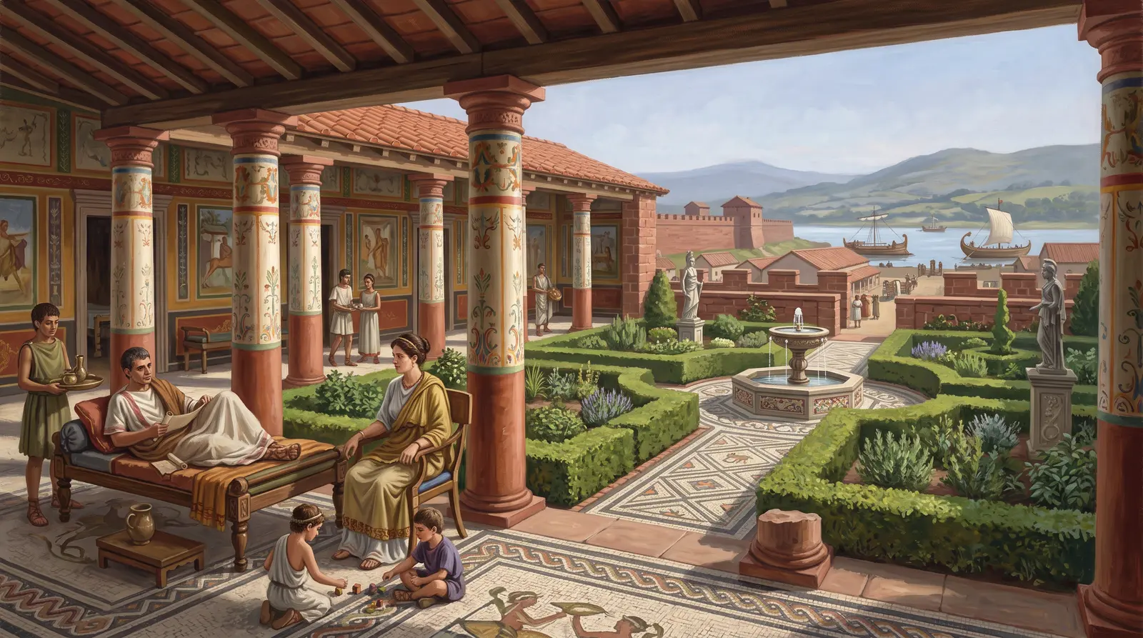 Painted reconstruction of a colonnaded Roman garden courtyard with a fountain and a family in the shade.