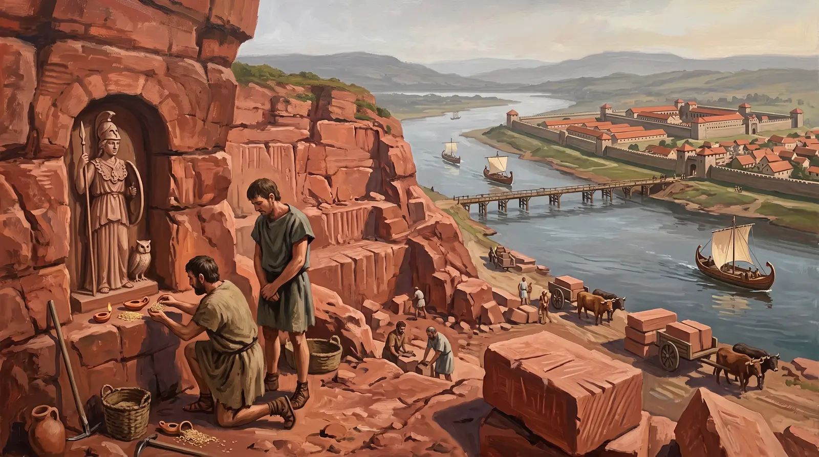 Reconstruction of quarrymen leaving an offering at the newly carved shrine of Minerva in the red rock of the quarry.