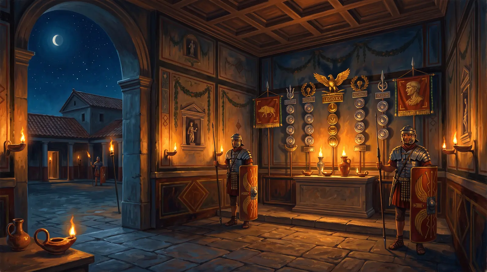 Painted reconstruction of the shrine of the standards at night, the golden eagle lit by oil lamps and guarded by two legionaries.