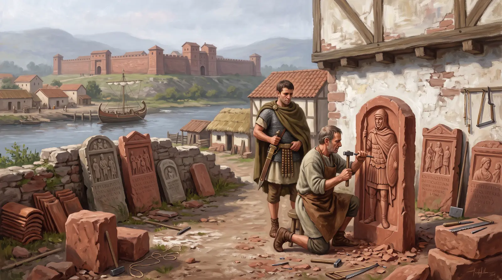 Painted reconstruction of a stonemason carving a soldier's tombstone in a yard outside the fortress.