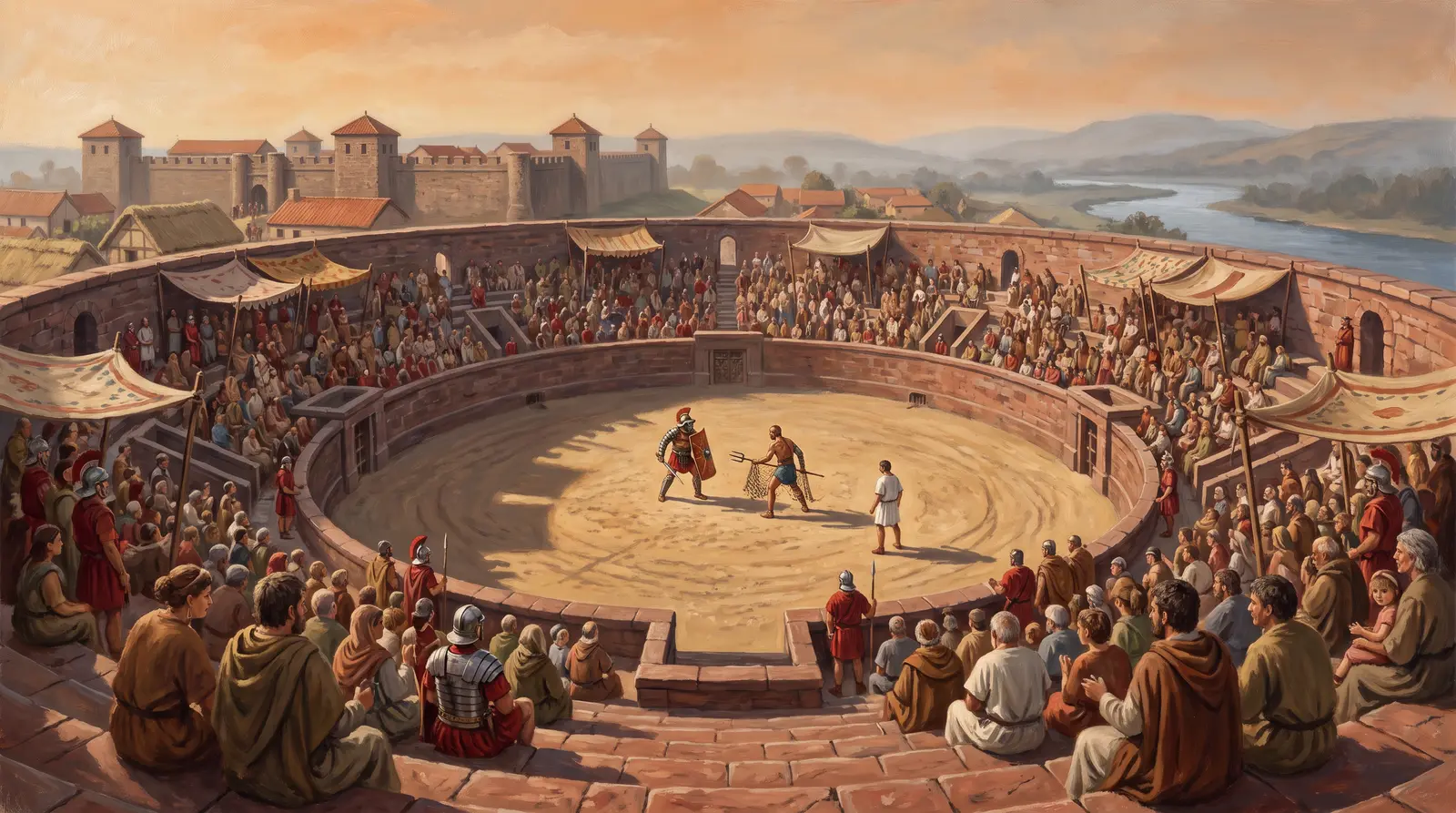 Reconstruction of the amphitheatre full of spectators.