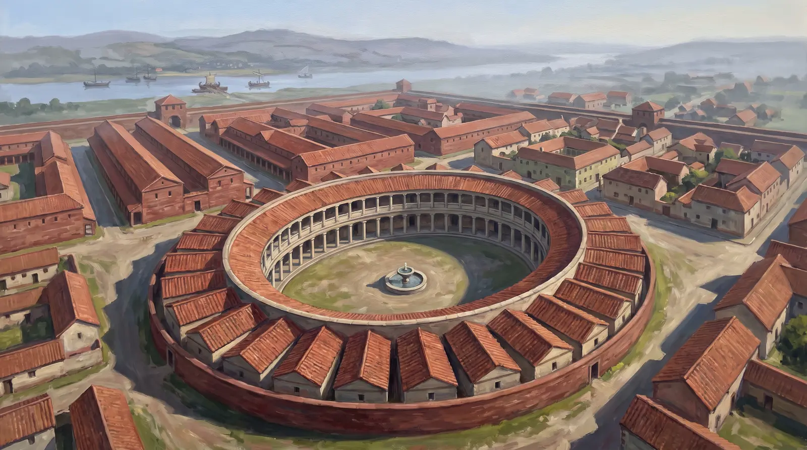 Painted reconstruction of the Elliptical Building: an oval courtyard ringed by wedge-shaped rooms with a fountain at its centre.