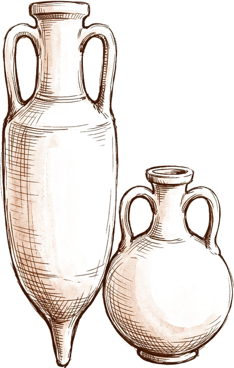 Ink sketch of two Roman amphorae, one tall with a pointed foot.