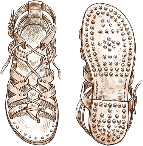 Ink sketch of hobnailed Roman military sandals, top and sole.