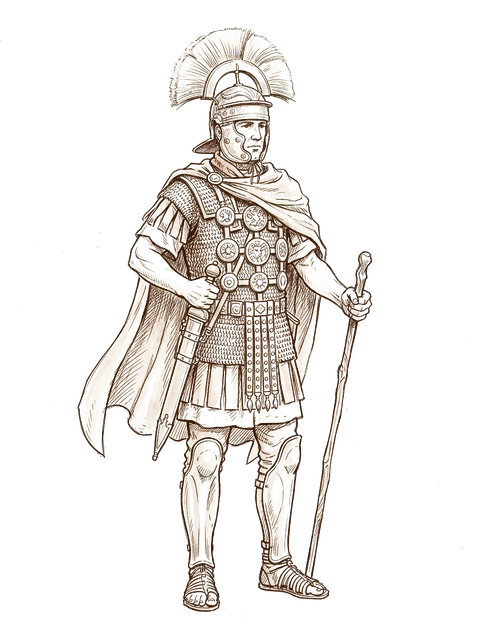 Ink sketch of a centurion with a transverse crested helmet, decorations and vine staff.
