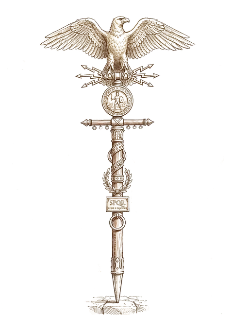 Ink sketch of the legion's eagle standard on its pole.