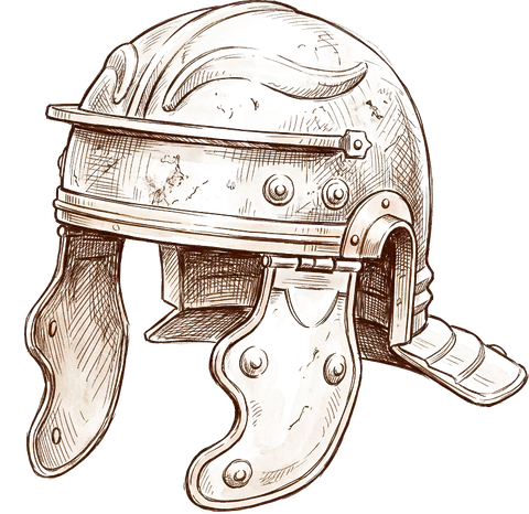 Ink sketch of a Roman legionary's iron helmet with cheek guards.