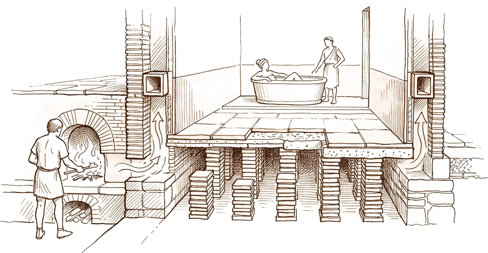 Ink cutaway of a hypocaust: a furnace, hot air between tile pillars under a raised floor, and flues in the walls.