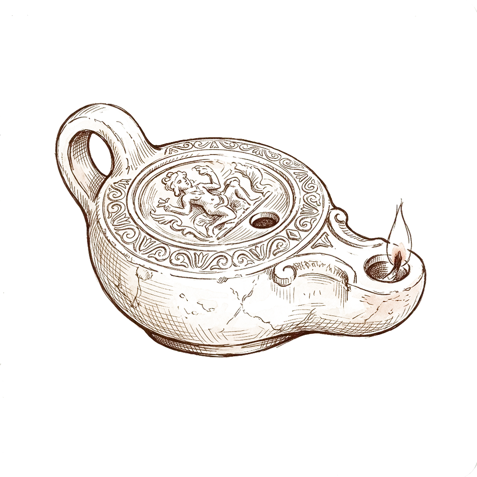 Ink sketch of a Roman clay oil lamp seen from above and the side.
