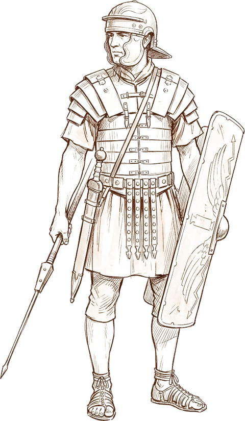 Ink sketch of a Roman legionary in segmented armour with shield and javelin.