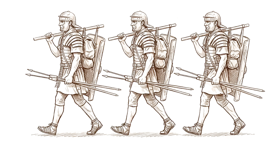 Ink sketch of three legionaries marching with kit on poles over their shoulders.