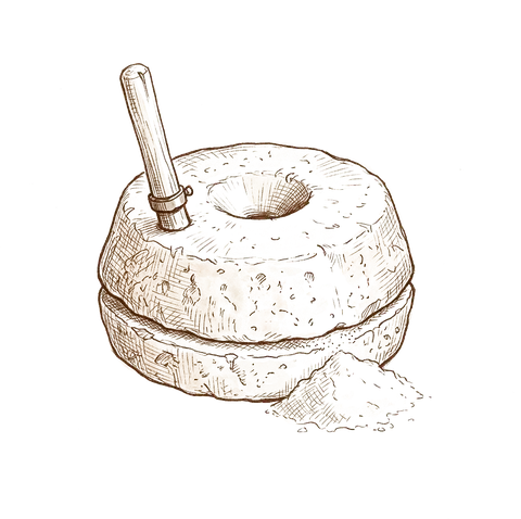 Ink sketch of a Roman rotary quern for grinding grain.