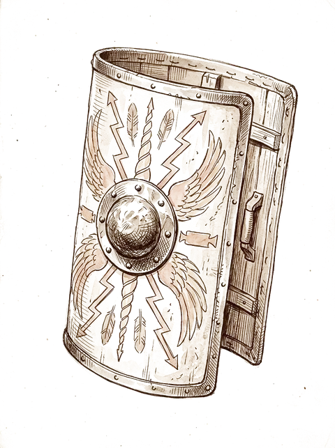 Ink sketch of a curved rectangular Roman shield with a bronze boss.