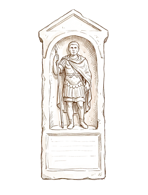 Ink sketch of a Roman soldier's tombstone with a figure in a niche.