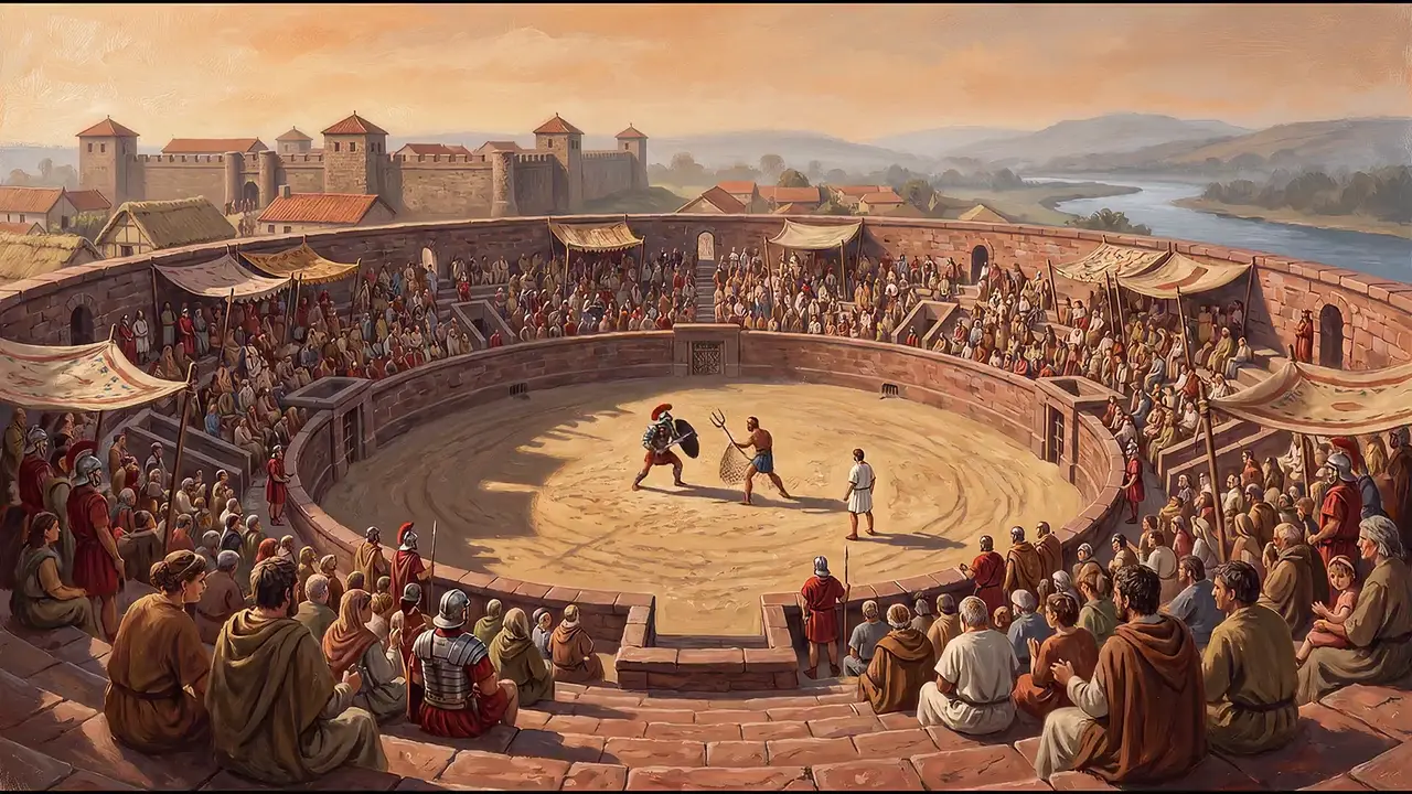 Painted reconstruction of the packed stone amphitheatre with two gladiators in the arena.