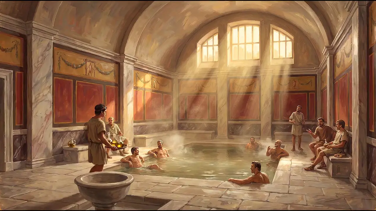 Painted reconstruction of the steamy hot room of the fortress baths.