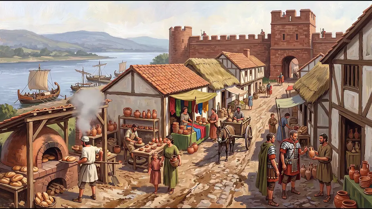 Painted reconstruction of a busy market street outside the fortress gate.