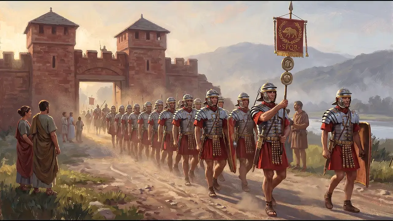 Painted reconstruction of a column of legionaries marching out of the fortress gate at sunrise behind their standard.