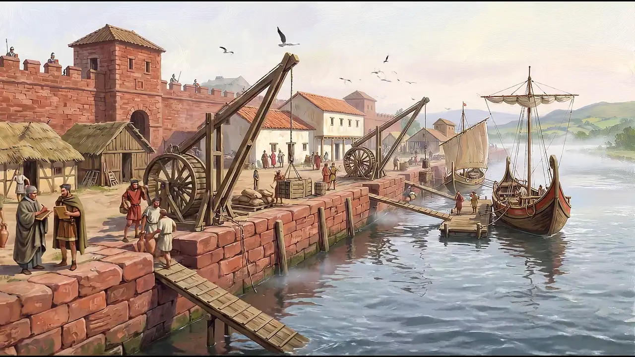 Painted reconstruction of ships unloading amphorae at the stone quay below the fortress wall.