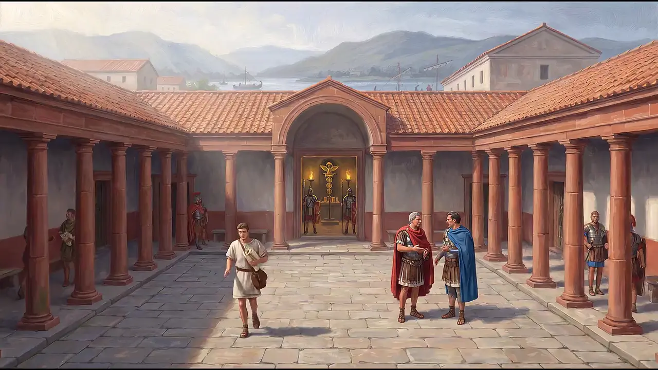 Painted reconstruction of the colonnaded courtyard of the legion's headquarters, with the eagle standard in its shrine.