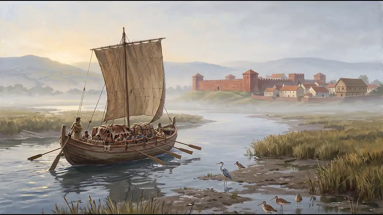 Painted reconstruction of a Roman merchant ship sailing up the misty Dee towards the fortress.