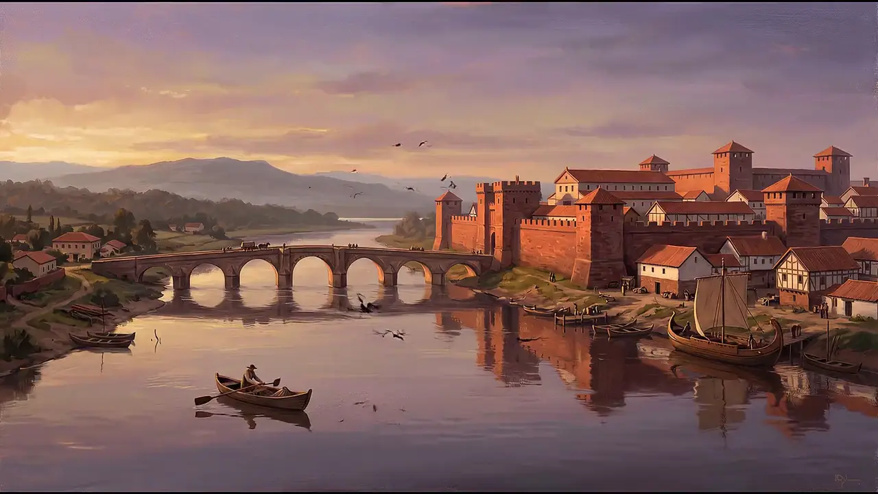 Painted reconstruction of the River Dee at sunset, the fortress walls glowing beyond the water.