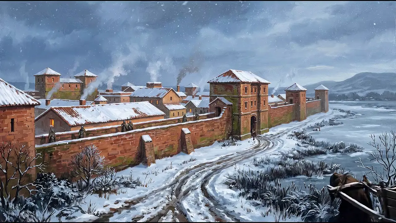 Painted reconstruction of the fortress under snow, smoke rising from the roofs.
